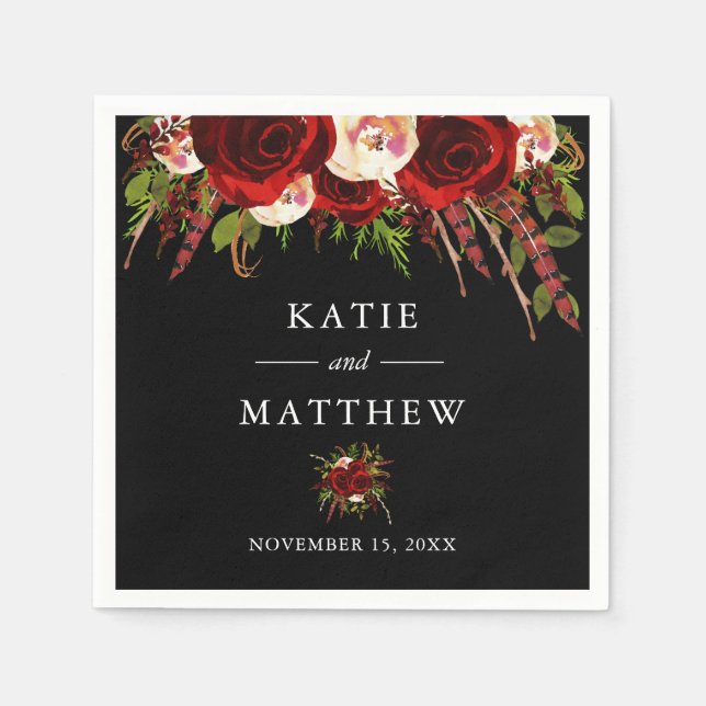 Serviette En Papier Mariage Bohème Floral Bourgogne Noir (Devant)