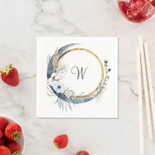 Serviette En Papier Mariage Bohème Monogramme Floral Bleu Blanc Or