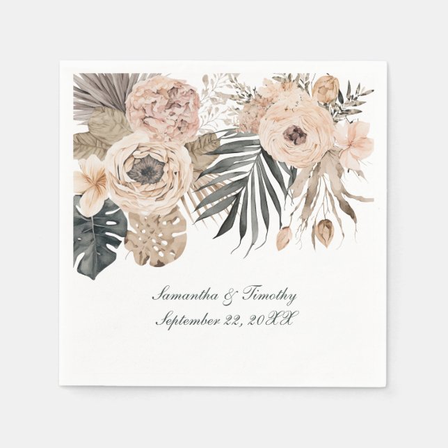 Serviette En Papier Mariage Bohème Rose Beige Gris Floral Botanique (Devant)
