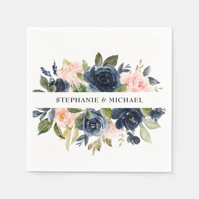 Serviette En Papier Mariage Bohème Rose Rose Pâle Bleu Marine (Devant)