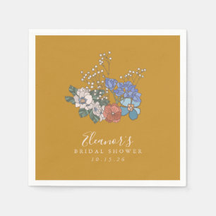 Serviette En Papier Mariage Bohème Vintage Fleurs Jaunes Personnalisé