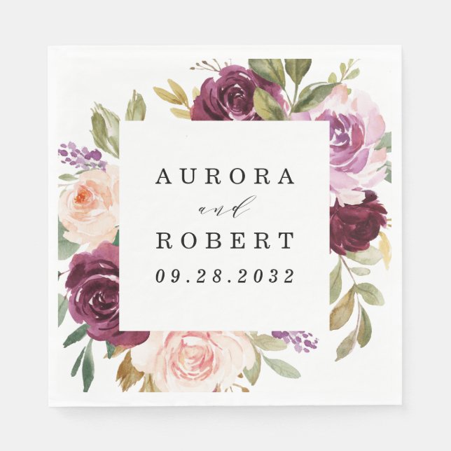 Serviette En Papier Mariage Boho Floral Bourgogne Rose Peach Or (Devant)