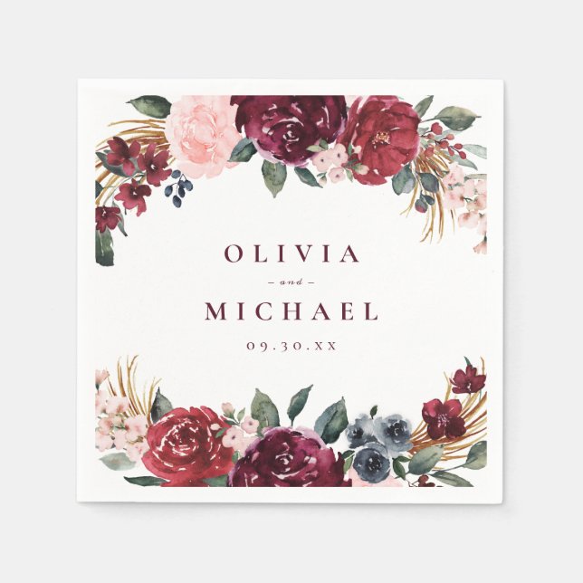 Serviette En Papier Mariage boho rustique bordeaux aquarelle (Devant)