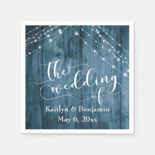 Serviette En Papier Mariage Bois Bleu Rustique, Cordes de Lumière Blan