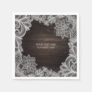 Serviette En Papier Mariage Bois Rustique Foncé et Dentelle Élégante