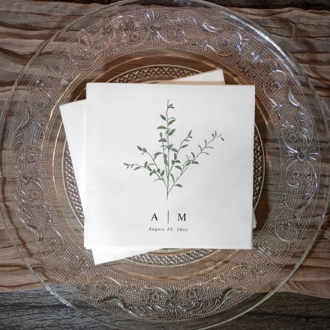 Serviette En Papier Mariage Botanique à Branche Simple Moderne (Wedding napkins with watercolor greenery - simple & elegant)