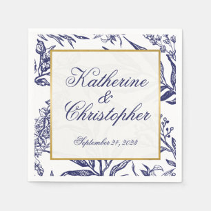 Serviette En Papier Mariage botanique bleu or de la marine romantique