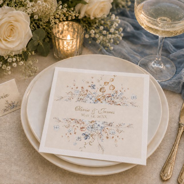 Serviette en papier mariage botanique bleu poussié (Dusty Blue Botanical Wedding Paper Napkin)