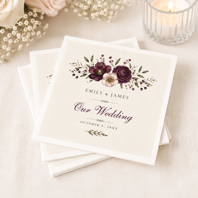 Serviette En Papier Mariage Botanique Élégante Prune Olive (Créateur téléchargé)