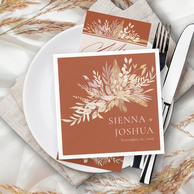 Serviette En Papier Mariage botanique Foliage Duet Terracotta Cream (Terracotta wedding cocktail napkins with bride and groom names and elegant foliage)