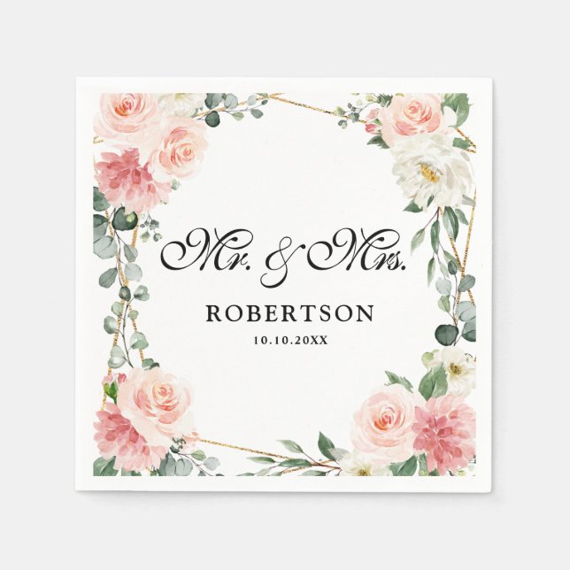 Serviette En Papier Mariage botanique géométrique rose pâle (Devant)
