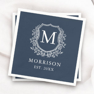 Serviette En Papier Mariage botanique Monogram Navy Blue Crest
