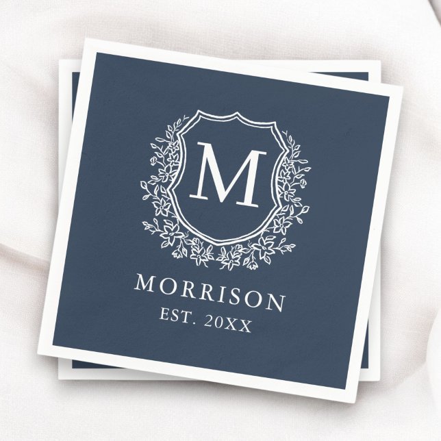 Serviette En Papier Mariage botanique Monogram Navy Blue Crest (Créateur téléchargé)