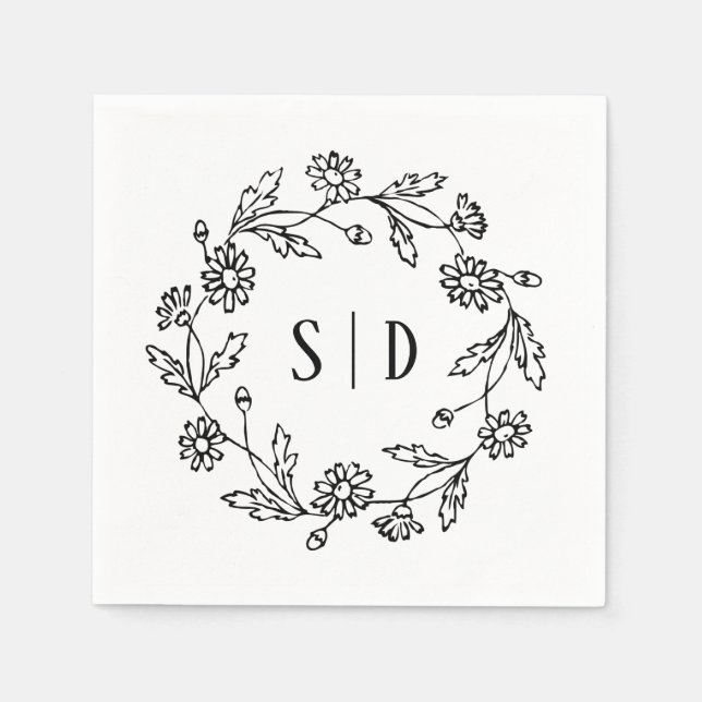 Serviette En Papier Mariage botanique noir blanc (Devant)