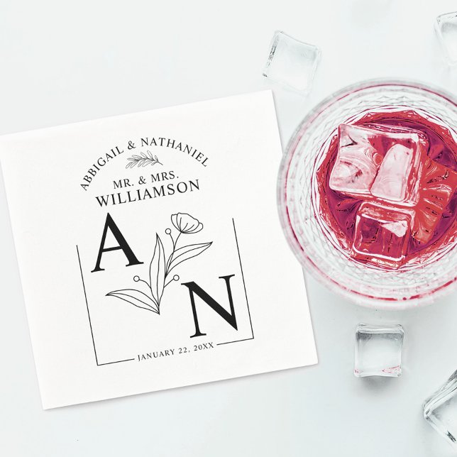 Serviette En Papier Mariage botanique noir et blanc (Créateur téléchargé)