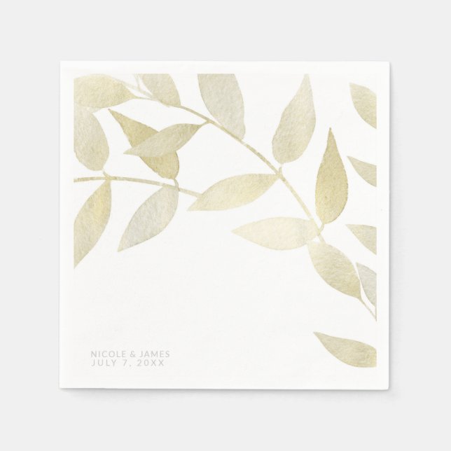 Serviette En Papier Mariage Botanique Rustique Moderne Feuilles Dorées (Devant)