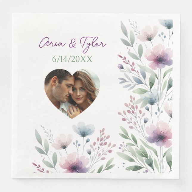 Serviette En Papier Mariage botanique Sage Green et Plum Purple (Devant)