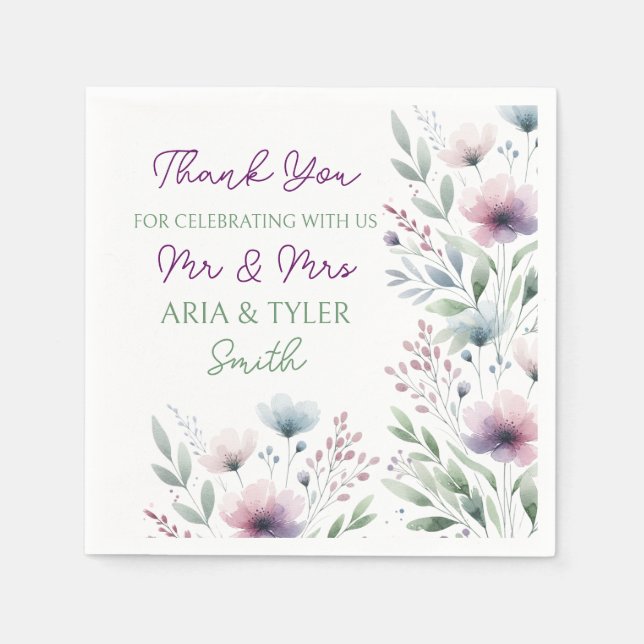 Serviette En Papier Mariage botanique Sage Green et Plum Purple (Devant)