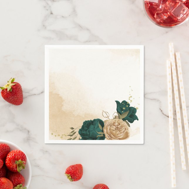 Serviette En Papier Mariage botanique vert émeraude beige or (En situation)