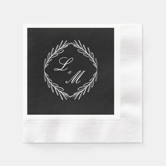 Serviette En Papier Mariage Branche Noir Blanc Écriture Monogramme (Devant)