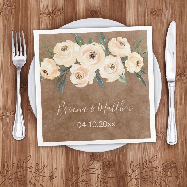 Serviette En Papier Mariage Brun Beige Floral (Créateur téléchargé)