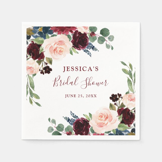 Serviette En Papier Mariage Burgundy Navy Blue Blush Floral Shower (Devant)