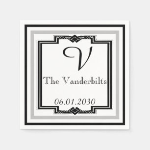 Serviette En Papier Mariage cadre Art déco noir, blanc et argent