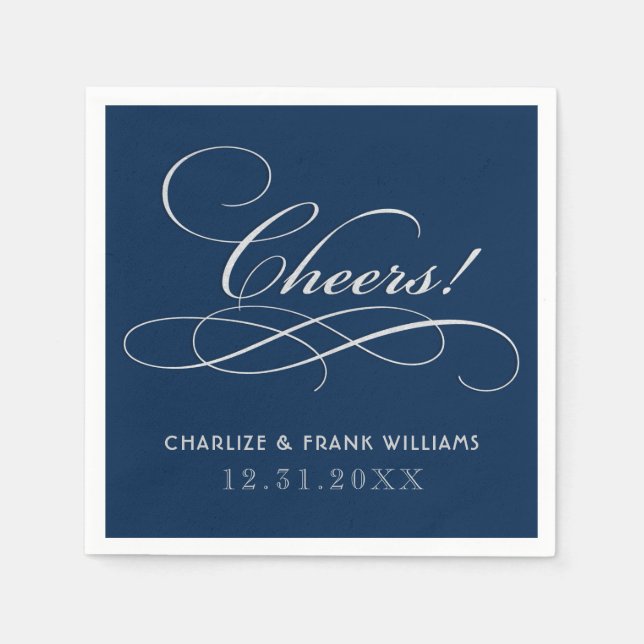 Serviette En Papier Mariage Calligraphie Classique Navy Argent Cheers (Devant)