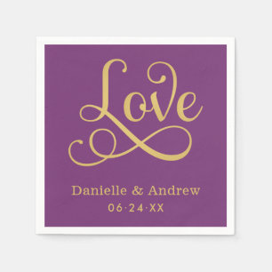 Serviette En Papier Mariage Calligraphié Élégant Violet Or Amour