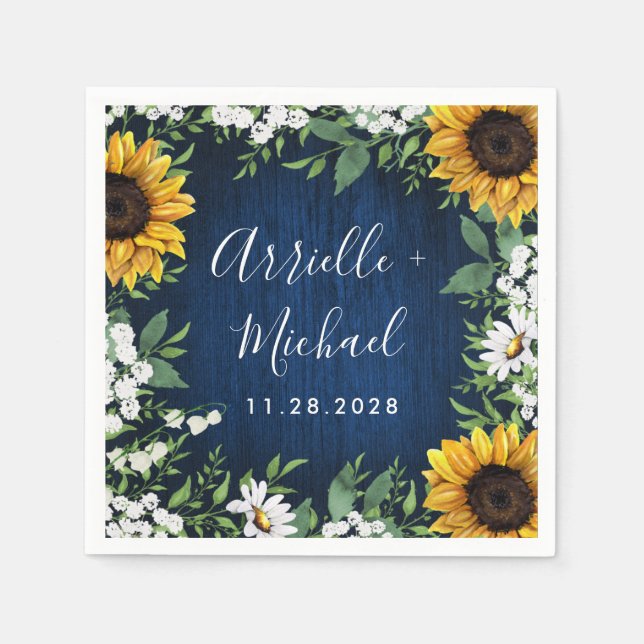 Serviette En Papier Mariage campagnard rustique de tournesol bleu mari (Devant)