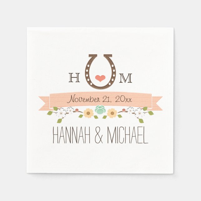 Serviette En Papier Mariage cardiaque de corail monogramme (Devant)