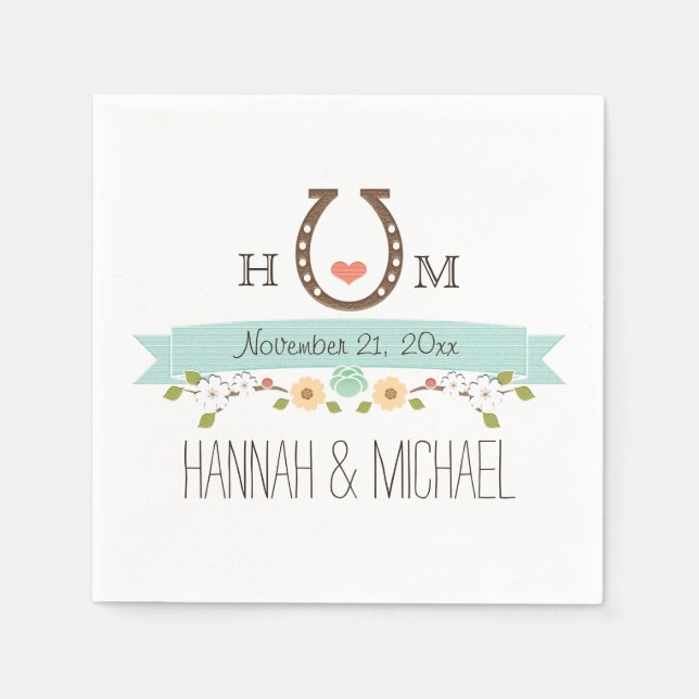 Serviette En Papier Mariage cardiaque Monogrammed Aqua Blue Horseshoe (Devant)