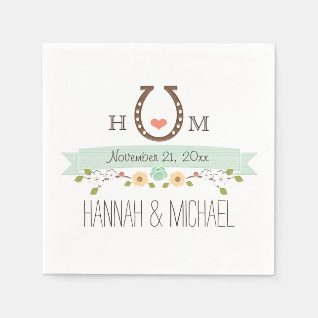 Serviette En Papier Mariage cardiaque Monogrammed Mint Green Horseshoe (Devant)
