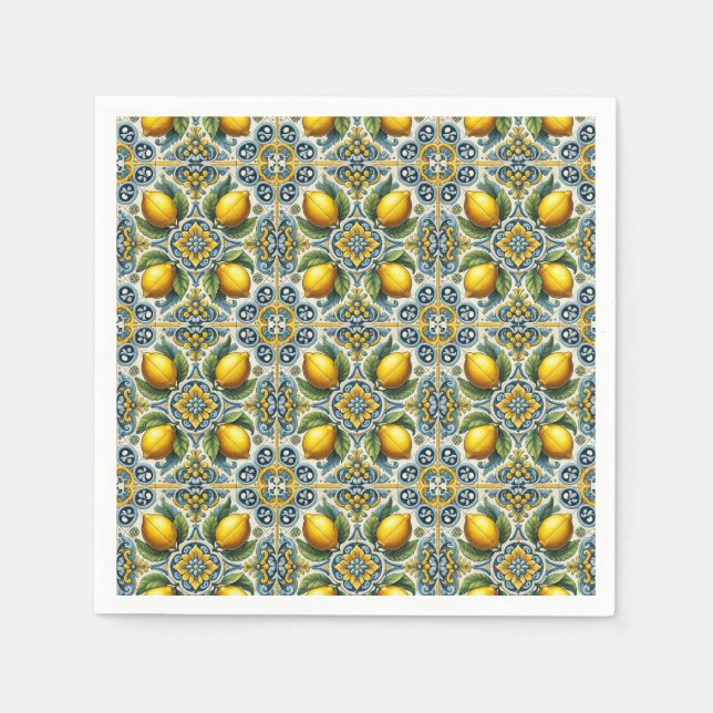Serviette En Papier Mariage Carreau Jaune Bleu Capri Citron Méditerran (Devant)