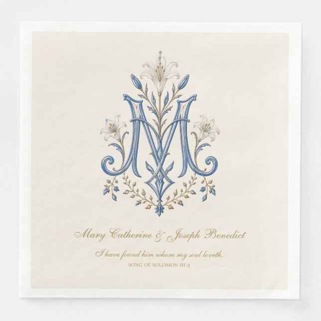Serviette En Papier Mariage catholique avec monogramme marian avec Écr (Devant)