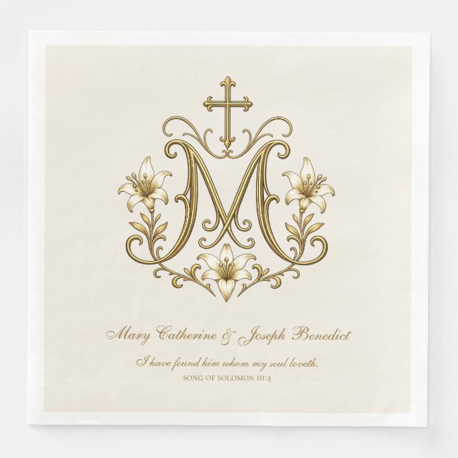 Serviette En Papier Mariage catholique monogramme doré Marian (Devant)