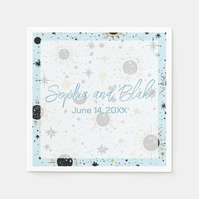Serviette En Papier Mariage céleste bleu or noir (Devant)