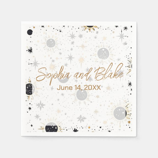 Serviette En Papier Mariage céleste noir et or (Devant)