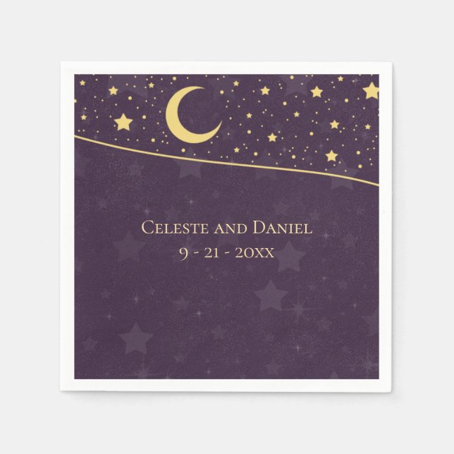 Serviette En Papier Mariage céleste Profonde Violet Étoiles et Lune (Devant)