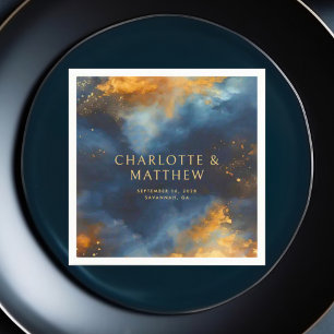 Serviette En Papier Mariage Celestial Abstrait Blue Golden Names