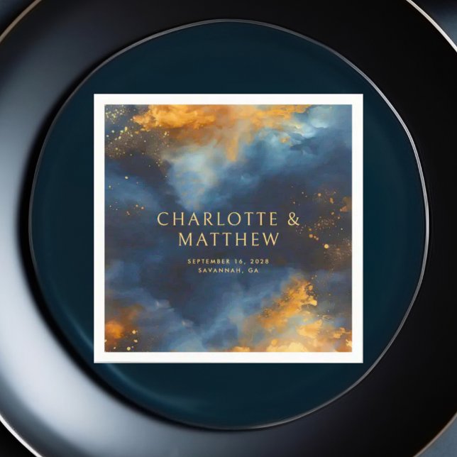 Serviette En Papier Mariage Celestial Abstrait Blue Golden Names (Créateur téléchargé)