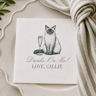 Serviette En Papier Mariage Champagné au Chat Siamois Vert Prépa Éléga