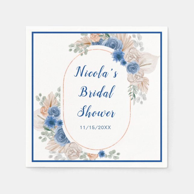 Serviette En Papier Mariage champêtre bleu avec herbe de Pampas (Devant)