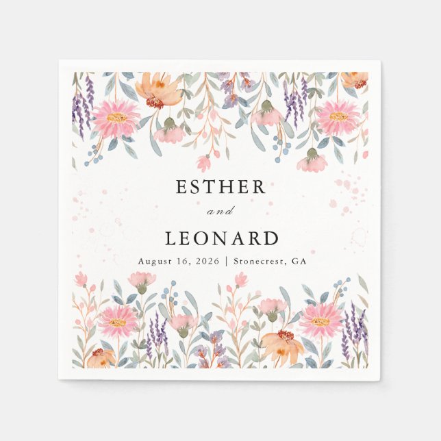 Serviette En Papier Mariage Champêtre Coloré de Printemps avec Fleurs  (Devant)