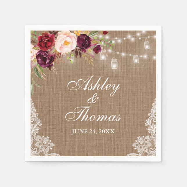 Serviette En Papier Mariage Champêtre Lumières Jarres Toile de Jute De (Devant)