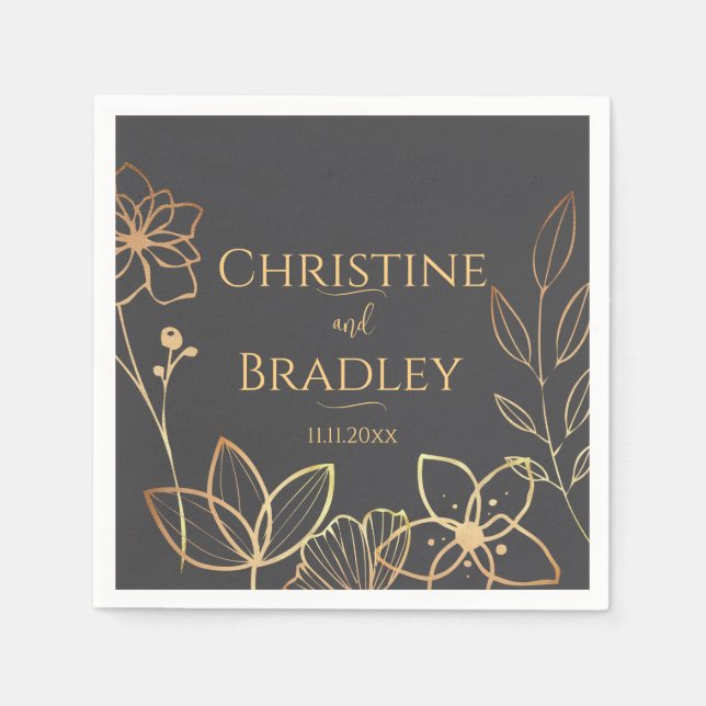 Serviette En Papier Mariage charbon et or (Devant)