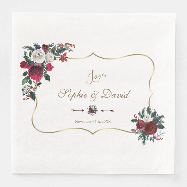Serviette En Papier Mariage Charming Hiver Bourgogne Floral Pin Or (Devant)