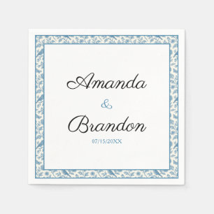 Serviette En Papier Mariage Chic avec Bordure Florale Toile de Jouy Bl