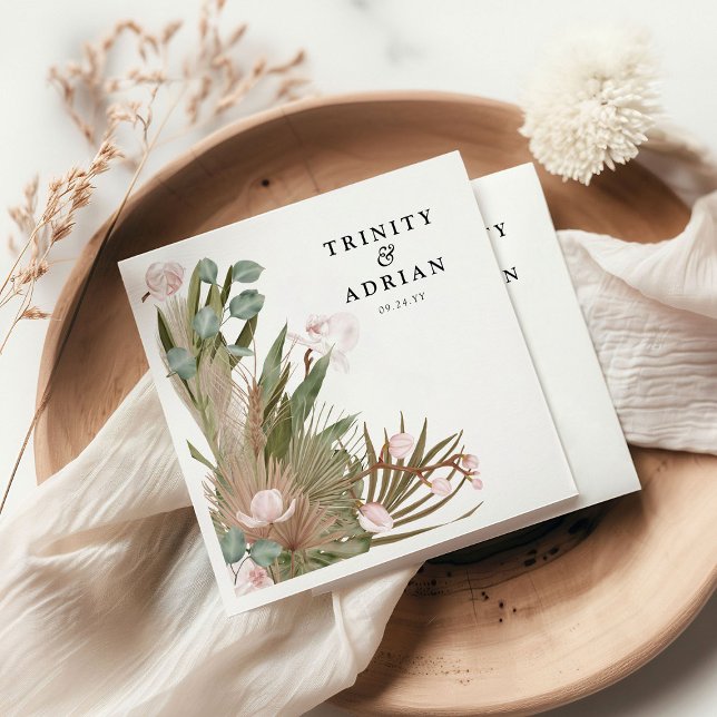Serviette En Papier Mariage Chic Boho Orchidées Roses & Feuilles Séché (Créateur téléchargé)