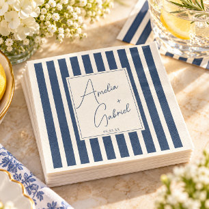 Serviette En Papier Mariage Chic Côtier à Rayures Bleu Marine